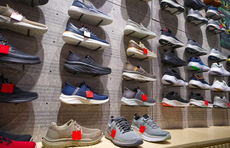 sneakers on the shelves of department store